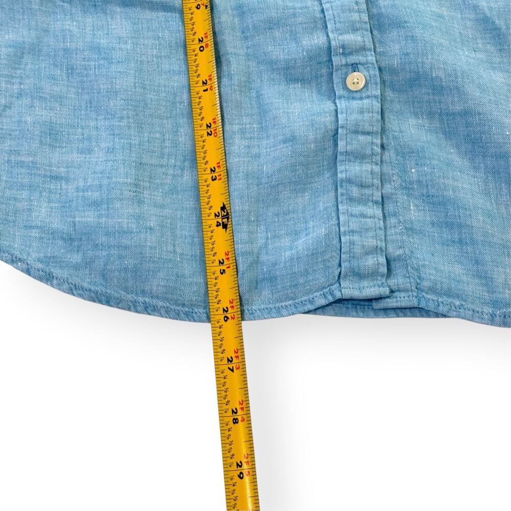 Talbots 100% Linen Button Front Shirt Small Turquoise Blue Long Roll Tab Sleeve - Picture 7 of 8